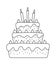 Vector black and white birthday cake with candles. Cute funny b-day dessert illustration for card, print design. Holiday line icon