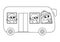 Vector black and white bus with driver and passengers. Funny line autobus for kids with cute boy and girl. Cute vehicle clip art.