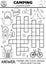 Vector black and white camping crossword puzzle for kids. Simple Summer camp outline quiz with forest equipment. Activity with