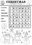 Vector black and white Christmas wordsearch puzzle for kids. Simple New Year crossword with Santa, stocking, snowman, snow globe,