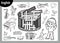 Vector black and white crossword in English. Cartoon boy in headphones and set of musical instruments