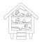 Vector black and white cute roost icon with hatching chicks and hen inside. Outline perch illustration for kids. Farm or garden