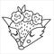 Vector black and white cute wild animal face with flowers on head and closed eyes. Boho forest avatar. Funny fox illustration for