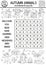 Vector black and white fall wordsearch puzzle for kids. Simple outline crossword with autumn forest animals for children. Line