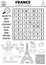 Vector black and white France word search puzzle for kids. Simple French line word search coloring page with traditional symbols.