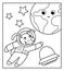 Vector black and white funny astronaut dog in space with planet Earth, stars, UFO. Cute cosmic illustration for children.