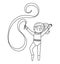 Vector black and white gymnast girl with ribbon. Cute funny acrobat. Circus or sport artist clipart. Amusement holiday line icon.