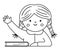 Vector black and white happy schoolgirl with hand up. Elementary contour school classroom illustration. Outline clever kid in