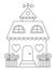 Vector black and white house with heart shaped windows, flowers, weathervane. Line home clipart. Cute cottage outline illustration