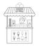 Vector black and white ice cream stall with seller. Line ice-cream stand illustration. Beach dessert shop contour. Cute summer