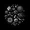 Vector black and white illustration of bacteria and virus cells: cocci, spirilla, bacilli isolated on background