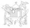 Vector black and white illustration of jungle hoot with palm trees and leaves. Tropical bungalow on stilts sketch. Cute funny