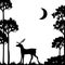 Vector black and white landscape with silhouettes deers, moon and tree