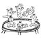 Vector black and white linear sketch of funny babies jumping on a trampoline. Simple clipart of children playing in different