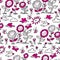 Vector black and white with magenta cartoon sunflowers, birds and bees repeat pattern. Suitable for gift wrap, textile and