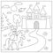 Vector black and white Medieval village landscape with princess on a horse and castle. Magic kingdom coloring page. Line magic