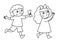 Vector black and white running little boy with ticket in hand and girl clapping hands. Outline kids looking forward to see show or