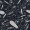 Vector black and white seamless food pattern. Vegetables, forks, knifes, spoons