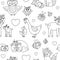 Vector black and white seamless pattern with cute boho baby animals and parents. Funny line woodland animal repeating background.