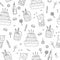 Vector black and white seamless pattern with cute cake, candles, sweets. Party celebration repeating Birthday background. Vector