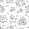 Vector black and white seamless pattern with flowers, cute boho baby animals and parents. Funny woodland animal repeating