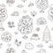 Vector black and white seamless pattern with garden or forest trees, plants, shrubs, bushes, flowers. Outline spring woodland or