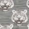 Vector black-white seamless pattern with growling tigers faces on horizontally striped background. Images of tigers are