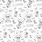 Vector black and white seamless pattern with kids and dogs