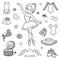 Vector black and white set with ballerina and dancing objects