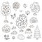 Vector black and white set with garden or forest trees, plants, shrubs, bushes, flowers. Outline spring woodland or farm