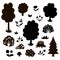 Vector black and white set with garden or forest trees, plants, shrubs, bushes, flowers silhouettes. Spring woodland or farm black