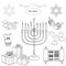 Vector black and white set of Hanukkah objects.