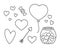 Vector black and white set with hearts. Cute heart shaped balloon, arrow, sweet, pot with candies isolated on white background.