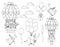 Vector black and white set with hot air balloons, cute animals, birds and clouds. Adorable outline flying characters pack. Funny