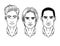 Vector black and white set of men`s faces different nationalities.