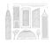 Vector black and white set of sketch illustration of high-rise urban office and public buildings. A kit drawn lines of