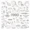 Vector black and white sketch collection set food products, beverages, kitchen utensils, various dishes and cutlery