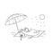 Vector black-white sketch funny cartoon puppy. Character dog sunbathing in the sun on the beach under a large umbrella