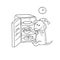Vector black-white sketch funny cartoon puppy. Character hungry dog in the night cap sits by the open fridge at night