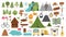 Vector black and white summer camp set. Forest, woodland, nature elements collection. Outdoor active tourism and sport outline