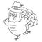 Vector black and white Thanksgiving turkey in pilgrim hat. Autumn bird line icon. Outline fall holiday dancing animal with closed