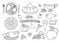 Vector black and white traditional Thanksgiving desserts and dishes set. Cute outline illustration of autumn holiday meal. Fall