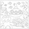 Vector black and white under the sea landscape illustration with octopus and submarine. Ocean life line scene with sand, seaweeds