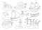 Vector black and white water transport set. Funny nautical transportation collection with ship, boat, steamship, yacht, seaport