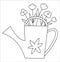 Vector black and white watering can with flowers. Outline spring picture. Line pot with flowers, rakes, plants icon. Gardening