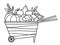 Vector black and white wheelbarrow with apples, pear, pumpkin, carrot. Autumn outline garden clipart. Fruit and vegetables