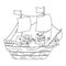 Vector black and white wooden ship with pilgrims isolated on white background. Pilgrim historical boat outline illustration.