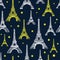 Vector Black, White, and Yellow Eiffel Tower Seamless Pattern. French vector background. Vintage fabric design in pastel