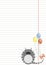 Vector blank for letter or greeting card. White paper form with grey pretty cat and colorful balloons, lines and border. A4 format