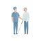 Vector blind character people flat illustration. Medical worker in uniform care of senior man with glasses and stick isolated on